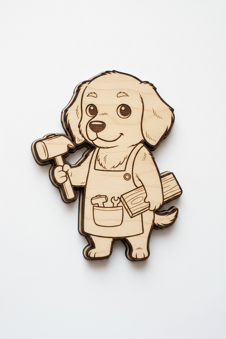 Golden Retriever Carpenter – Laser-Engraved Wood Magnet