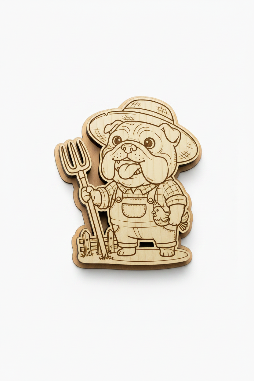 English Bulldog Farmer – Wood Magnet